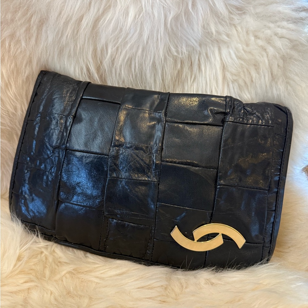 Vintage Black Patchwork Leather Clutch Bag